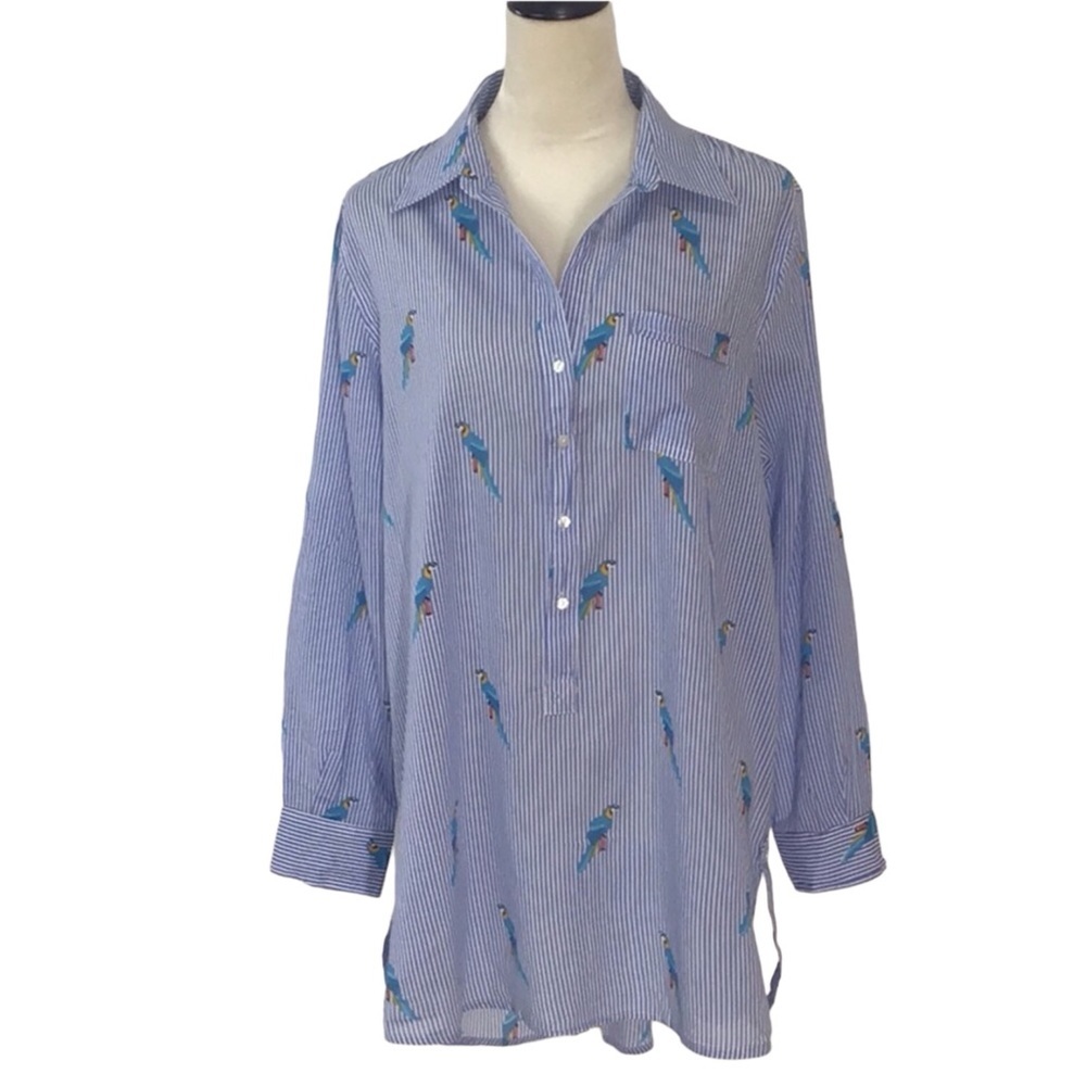 True Destinations Boho Blue White Striped Parrot Tunic Size Medium